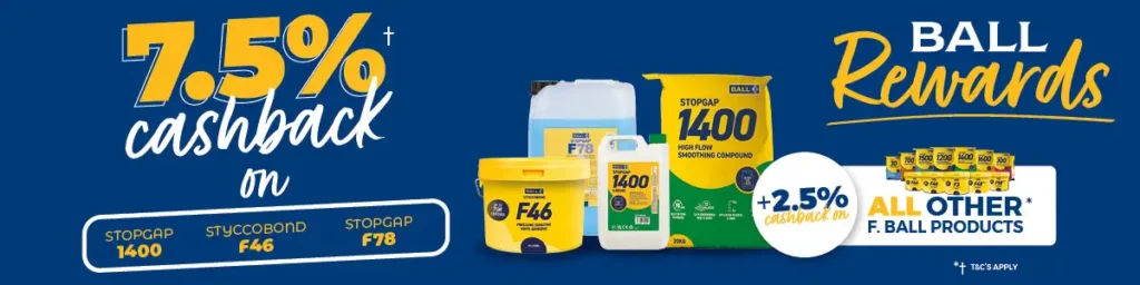 Ball Rewards offers for quarter 2 (April to June 2025) with triple cashback on Stopgap 1400, Stopgap F78, and Styccobond F46