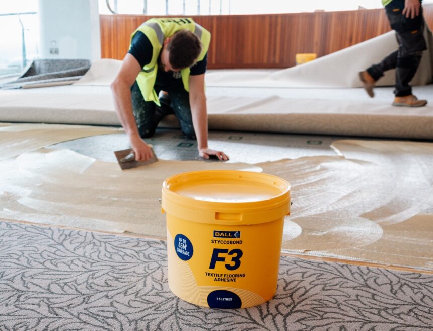 F. Ball's Styccobond F3 flooring adhesive being applied at Ascot Racecourse restaurant, ON 5.